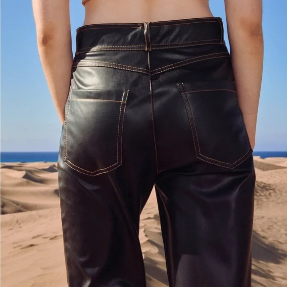 14- NWT XXL Zara | Faux Leather Contrast Stitching Pants black, tan stitching - Picture 10 of 13